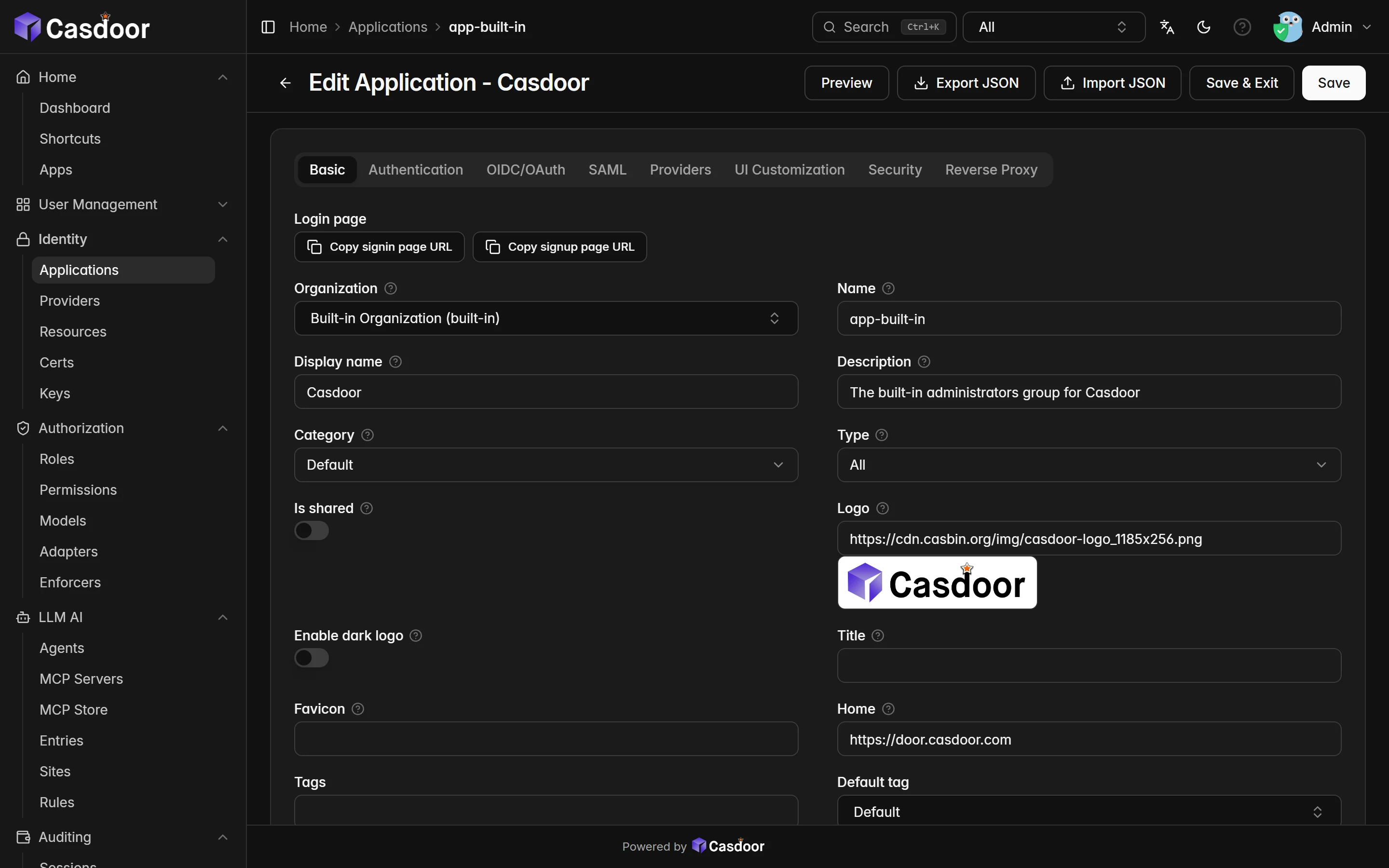 Casdoor admin console: editing an application, with tabs for authentication, OIDC/OAuth, SAML, providers, UI customization and security