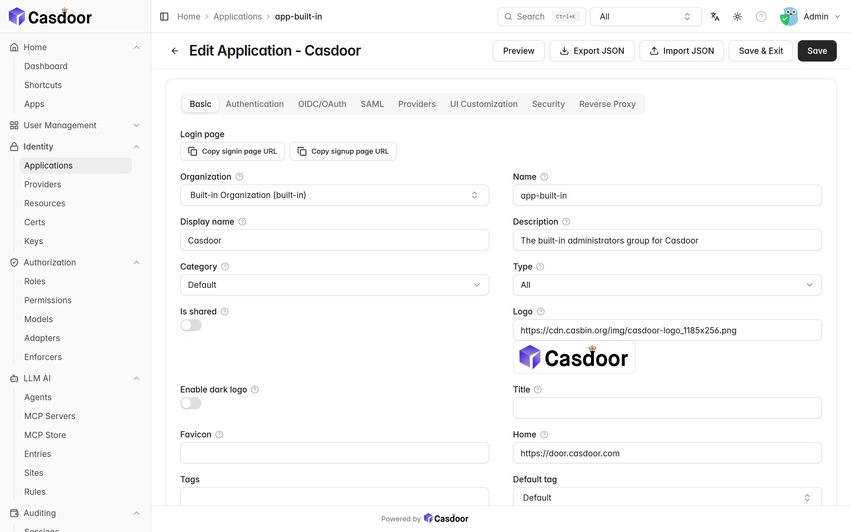 Casdoor admin console: editing an application, with tabs for authentication, OIDC/OAuth, SAML, providers, UI customization and security