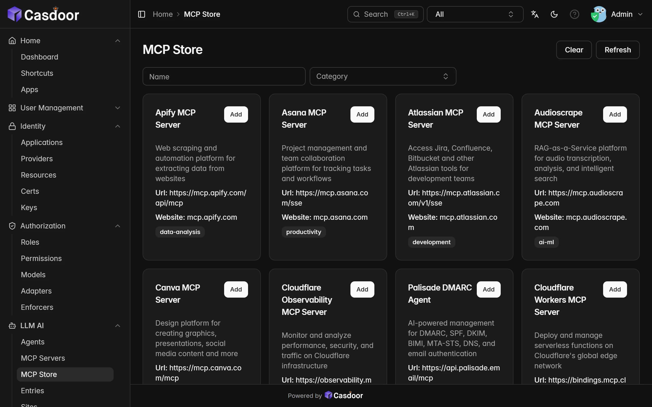 Casdoor MCP Store listing MCP servers such as Apify, Asana, Atlassian and Cloudflare